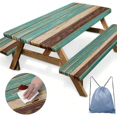 Funda de mesa de picnic de madera café verde azulado con fundas de banco tabla de madera retro clásico para acampar al aire última intervensión artículos esenciales de 6 pies 3 piezas