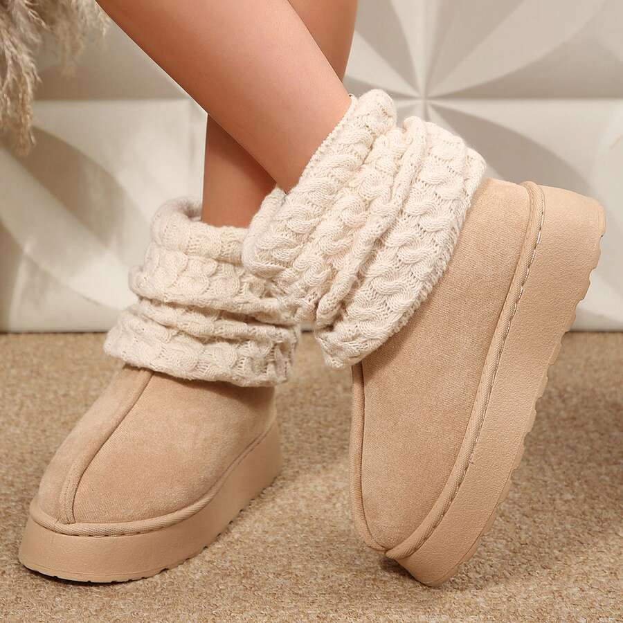 Short Knit Cuff Snow Boots Faux Furry Boot Upper Platform Sole Warm Lining Warm Boots Shoes Snow Boots Ankle Boots Outdoor Winter Boots For Women - Màu be - Xem 1