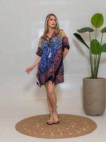KIARA BRAZIL Women's Short Printed Boho Chic Dress | Loose Kaftan With Tie And V-Neck – Summer - AE-25111 - Màu xanh lam - Xem 1