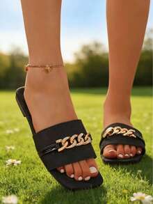 Women's Rhinestone Chain Strap Slide Sandals, New Flat Square Toe Casual Slippers For Spring And Summer - Black - View 5