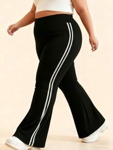 Women Plus Yoga Pants High Waist Stripes Soft Casual Stretch Flared Bottoms Trousers - Black - View 1