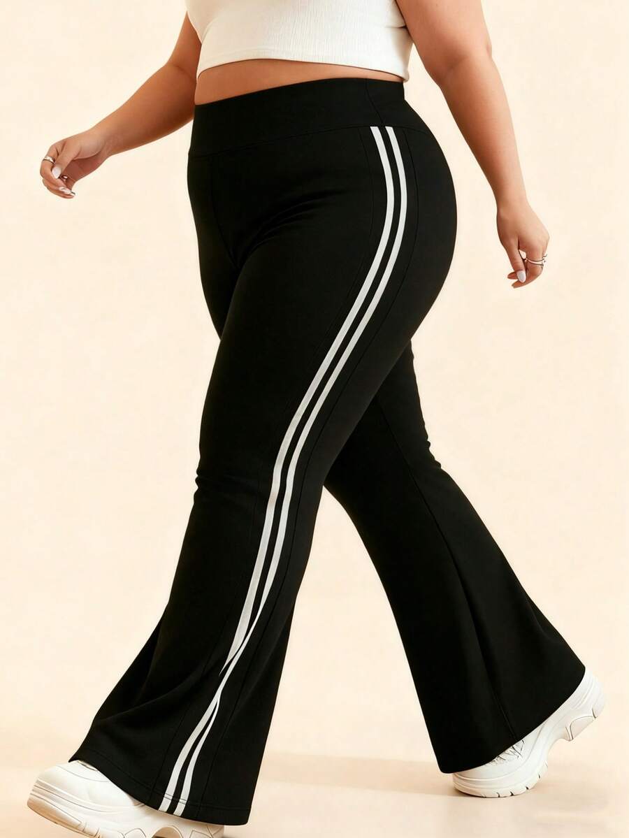 Women Plus Yoga Pants High Waist Stripes Soft Casual Stretch Flared Bottoms Trousers - Black - View 1
