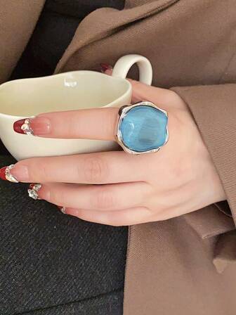 1 pieza Anillo asimétrico abierto de metal azul transparente, accesorio de moda para uso diario
