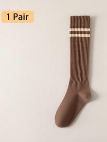 1 Pair Women's Striped Compression Knee High Socks, Slimming, Versatile, Simple Japanese Style