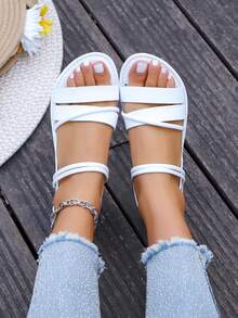 Sandalias casuales de cuero color caramelo con punta abierta para mujer, diseño de tira simple, cómodas para el transporte y el uso diario - Blanco - Ver 2