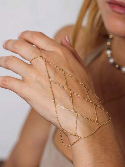 1pc New Bride Netted Finger Chain, Luxury Bohemian Style Crystal Bracelet Accessory For Women, Eid Festival Valentine's Day Accessories