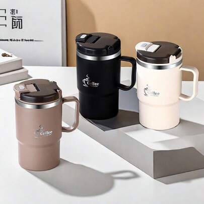 1个500/550毫升304不锈钢咖啡杯，带茶漏和折叠勺，双层隔热，带盖和把手，防漏，可装茶/水，适合学生和成人居家、学校、宿舍、办公室、户外露营、野餐、旅行、返校等场合使用。