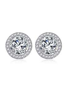 Vanel 1pair Luxury & Classic Round Micro Inlaid White Cubic Zirconia Earrings For Women With Luxurious Fashion Jewelry Classic Earrings Cz Earrings (Copper Is Of Softer Material, And Earring Needles Can Be Straightened By Pressing) - Silver - View 4