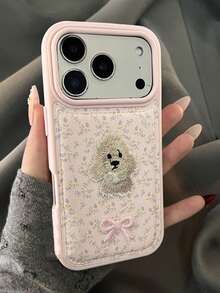 时尚可爱花卉刺绣小狗蝴蝶结软壳手机壳，兼容 17 Pro Max、17 Pro、17、16、15、14、13 Pro Max，防摔后盖 - 粉色 - 查看 4