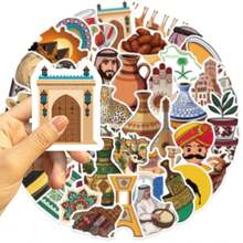 50张中东艺术风格贴纸，卡通旅行元素贴纸，可用于DIY行李箱、笔记本、计划本等。 - 彩色 - 查看 2