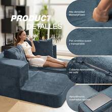 Sofá Cama Plegable Doble 3 En 1, Sillón Con Almohada Azul Grisáceo Rayado - Azul Marino - Ver 5