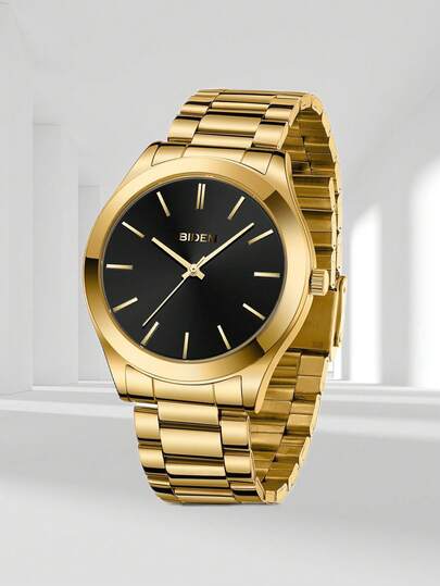 BIDEN 1 pieza Reloj de cuarzo analógico con correa de acero inoxidable impermeable para hombres, reloj de negocios minimalista, regalo para hombres