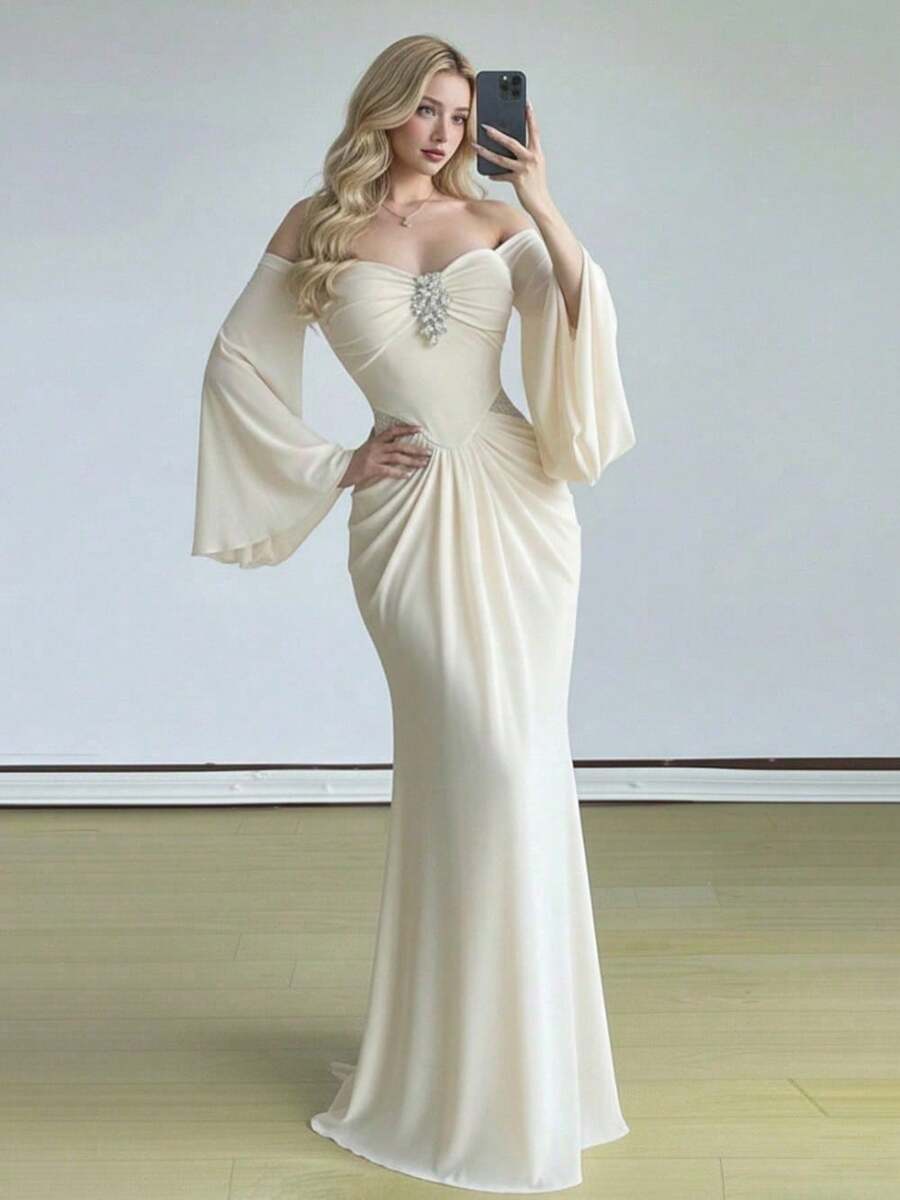 Greek Style Horn Sleeve Evening Dress Tube Top Slim Fit Fashion Party Dating Thin Temperament Hip-Wrapped Floor Long Dress Women - 白色 - 查看 1