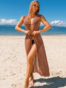 Khaki Hooded Lightweight Sheer Cover Up, Women's Long Solid Color Ruched Drawstring Waist Sleeveless Vacation Sun Protection - Coral Orange - View 3