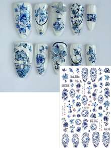 2片装蓝白瓷器风格花朵美甲贴纸 复古中国风春日窗景汉字古诗夏季美甲用品 美甲设计装饰配件 - 彩色 - 查看 3