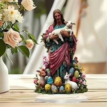 Estátua de Jesus com Cordeiro e Coelho em Acrílico 10x15cm - Decoração de Mesa Estilo Vintage, Tema Religioso, Ideal para Presentes de Páscoa e Dia dos Namorados, Decoração Doméstica Multiuso, Sem Necessidade de Eletricidade - Multicolorido - Visão 3