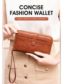 Nouveau portefeuille long pour femme, multi-fentes pour cartes, porte-monnaie rétro multifonctionnel grande capacité, sac embrayage pour femmes, porte-monnaie, portefeuille long, porte-poignet, porte-monnaie avec cordon - Multicolore - Voir 7