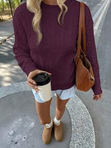 FOR BEAUTY 纯色简约圆领扭结长袖毛衣，女士时尚休闲宽松舒适落肩套头毛衣，秋冬款 - Bold Plum - 查看 6