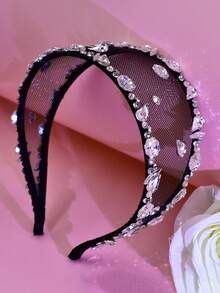 1件简约水钻发箍，时尚巴洛克风格网纱宽檐头饰，适合新娘、婚礼、节日、狂欢派对、约会、休闲场合佩戴 - 黑色 - 查看 7