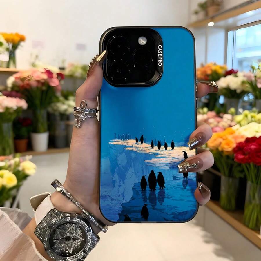 Elegante Funda Azul para iPhone con Estampado de Pingüino en Hielo y Texto CASETTO, Ideal para Uso Diario y Ocasiones Especiales, Aplicable a Teléfonos de las Series Apple y Galaxy - Blanco - Ver 1