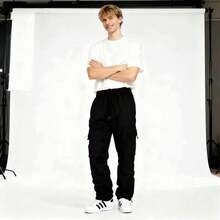 Men's Cargo Sweatpants Casual Fleece Joggers Loose Fit Open Bottom Athletic Pants With Pockets Machine Washable 100% Polyester Soft Stretch Fabric - 黑色 - 查看 3