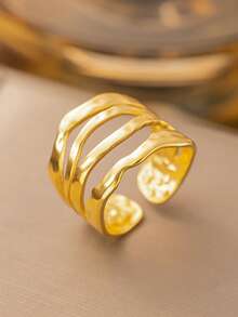 Nooxian 1 chiếc nhẫn nữ có thể điều chỉnh kích thước, mạ vàng 18K, thiết kế rỗng, bất đối xứng, nhiều lớp, thích hợp làm trang sức đi biển hoặc quà tặng hàng ngày. - Vàng - Xem 3