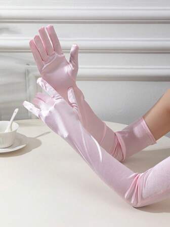 1 Pair, Ladies' Pink, Black, And Red Satin Long Gloves; Wedding And Ball Gown Gloves; Stage Performance Accessories; Party Attire; Elegant Formal Gloves.