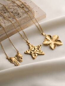 1 pieza Elegante collar con colgante de flor 3D, estrella martillada, lazo en forma de corazón, de acero inoxidable chapado en oro de 18K, cadena de clavícula hipoalergénica, adecuado para el uso diario de las mujeres, versátil y regalo para días festivos - Dorado - Ver 2