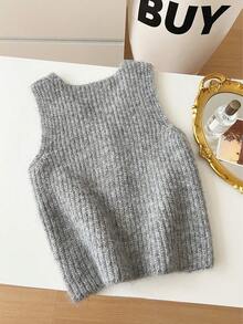 1pc Solid Color V-Neck Single-Breasted Knit Cardigan Vest Sleeveless Sweater For Women, Versatile For Commuting - Grey - View 3