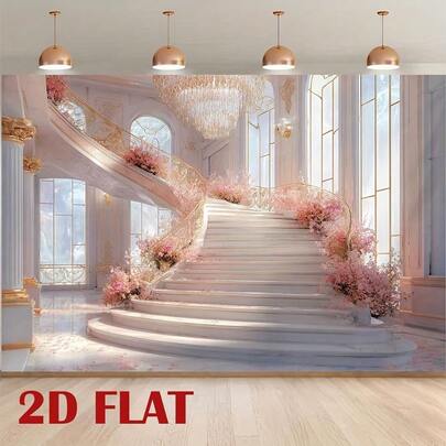 2D平面横幅背景布，单件装，饰以精美宫廷楼梯图案，风格优雅华丽，可用作墙面装饰，亦可作为摄影背景板、生日派对、户外庆典装饰、婚礼装饰、海滩、节日活动装饰，多功能室内外派对装饰道具。