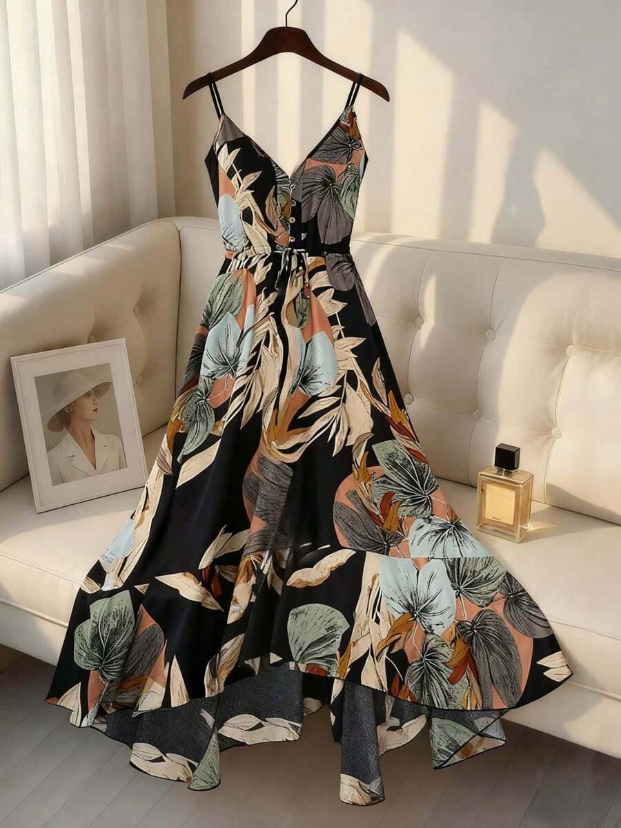 Đầm nữ thời trang in họa tiết nhiệt đới, dây mảnh, dáng chữ A với chi tiết buộc dây, thanh lịch và thoải mái, thích hợp cho kỳ nghỉ hè. - Nhiều màu - Xem 1