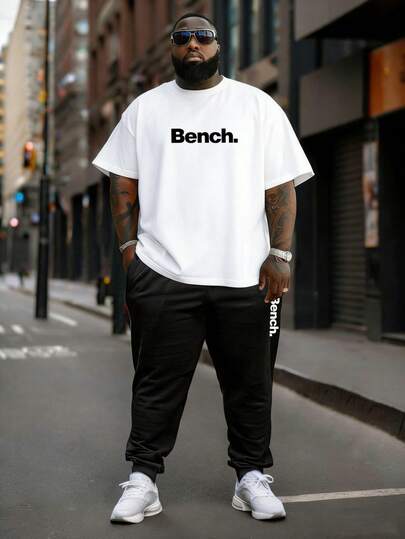 2pcs Plus Size Men's Casual English Graphic Round Neck Short Sleeve T-Shirt And Pants Set, Suitable For Street, Outdoor, Indoor, Daily Wear