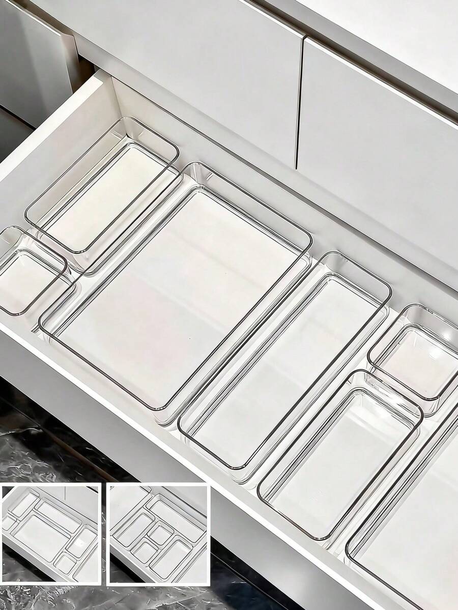 4/6 piezas Cajas organizadoras de cajones, Cajas organizadoras de escritorio, 4 opciones de tamaño, Cajas organizadoras de maquillaje de acrílico, Cajas de almacenamiento con compartimentos transparentes para dormitorio, oficina, baño, Cajas organizadoras multifuncionales para cosméticos, papelería, suministros de oficina, tocador, útiles escolares, bolsa de maquillaje, artículos de viaje