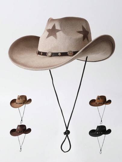 1pc Unisex Cowboy Hat, Unique Handmade Star Print Gradient Rivet Belt Sun Hat, New Vintage Style Cyberpunk Fashion Cool Novelty Punk Adjustable Wide Brim Cap, Street Style Looks, Gift For Men, Suitable For Parties, Western Themed Events, Gatherings, Cosplay, Graduation Ceremonies, Masquerade Balls, Festivals, Birthday Celebrations, Music Festivals, Hiking