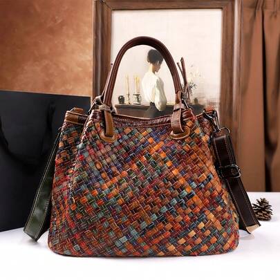 Fashion Travel Woven Handbag, Large Capacity Shoulder Bag, Random Color Block Bucket Bag, Commuter Bag, Top Layer Cowhide Genuine Leather Women Bag, Colorful Cowhide Color Matching, Overall Bag Shape As Shown