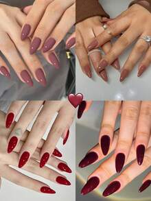 Conjunto de 96 adesivos brilhantes para unhas (4 cores sortidas) - vermelho, roxo, bordô e marrom. Adesivos de acrílico para unhas, minimalistas e elegantes, de comprimento médio a longo. Inclui: 1 gel e 1 lixa de unha. Ideal para mulheres e meninas, para uso diário e em festas. - Multicolorido - Ver 9