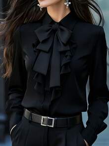 Blusa elegante da donna a maniche lunghe, con colletto a cravatta nera, arricciature e dettagli con fiocco, vestibilità regular, adatta per l'ufficio, primavera, autunno e inverno