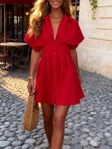 1件纯色休闲派对优雅性感波西米亚风梭织面料腰部褶皱/抽褶衬衫领迷你连衣裙，新款夏秋季红色衬衫领休闲女式短裙 - 紅色 - 查看 5