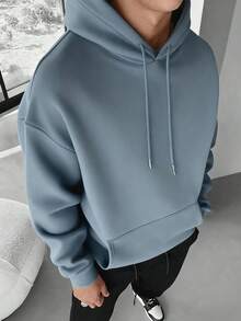 Men's Solid Color Drop Shoulder Long Sleeve Drawstring Pocket Casual Hoodie, Autumn/Winter, Back To School Season - Baby Blue - View 4