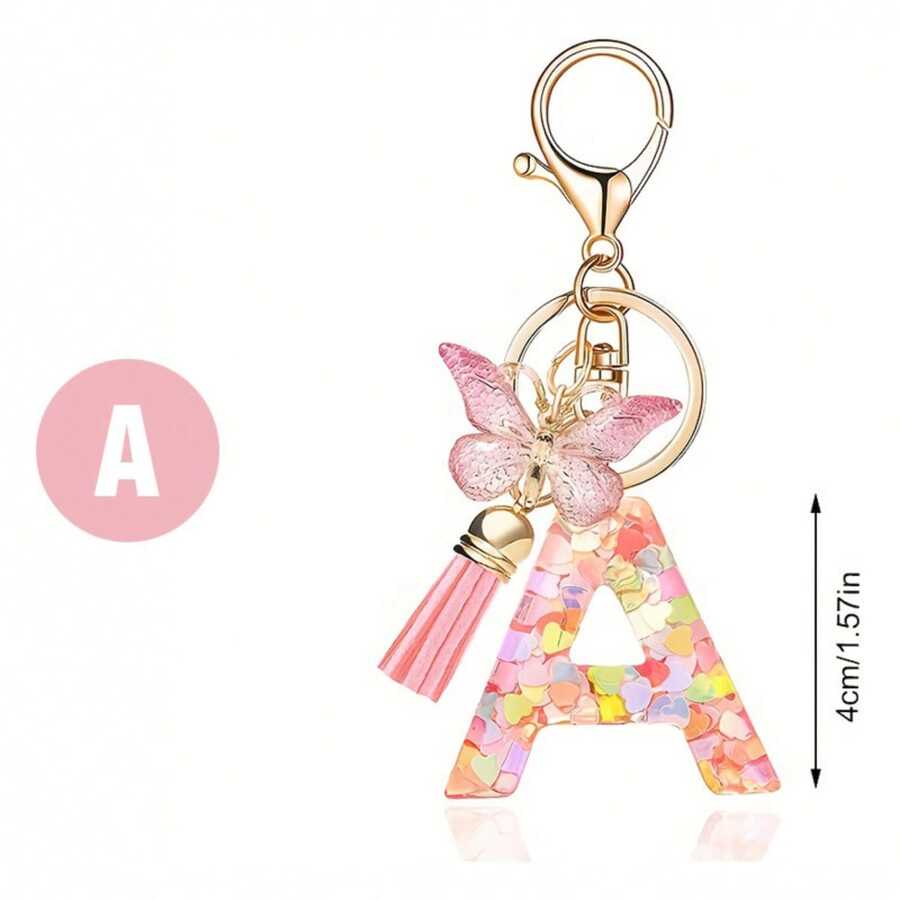 1 Piece Stylish Pink Letter A-Z Keychain Love Sequin Butterfly Tassel Key Chain Crystal Epoxy Pendant Jewelry - K - 查看 1