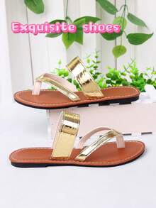 New Women Flat Thong Sandals, Faux Snake Skin Texture Luxurious Solid White/Black/Gold, Breathable Soft Sole, Minimalist Style For Daily, Travel, Beach, Date Wear - Gold - View 5