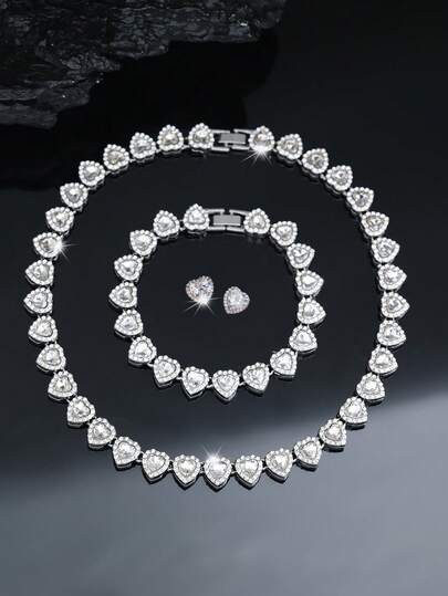 Juego de 3 piezas de joyería para mujer, collar con colgante en forma de corazón elegante, pulsera y pendientes, juego de joyería de lujo para novia, joyería de cadena con corazón estilo hip-hop, regalo perfecto para aniversario, cumpleaños, San Valentín, Día de la Madre