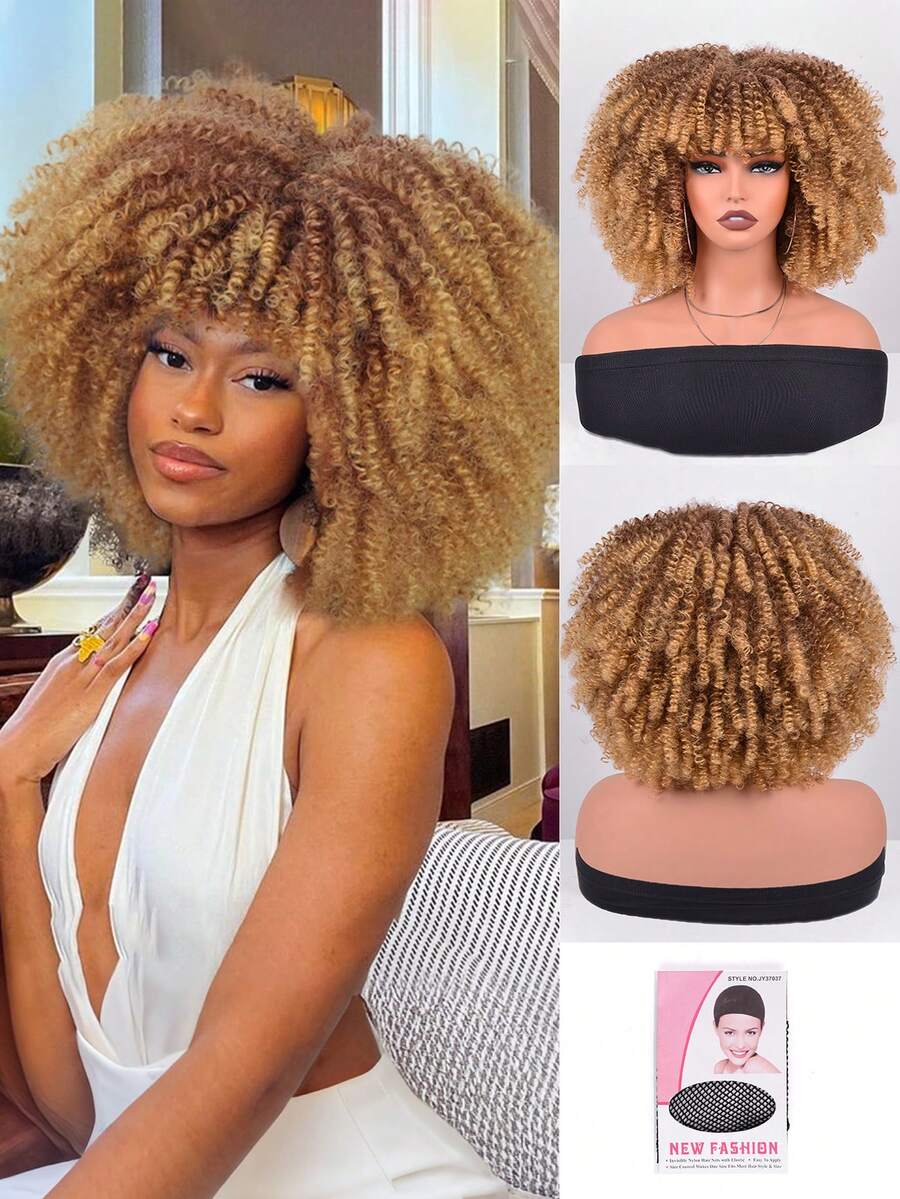 Short Afro Kinky Curly Wig With Bangs For Women High Temperature Synthetic Hair Wig Curly Afro Wigs For Women - Curly Afro Wigs Black Wig For Women Brown Gold Gradient 12 Inch Replacement Wigs Party Use Natural Black Hair Carnival Cosplay Wigs - 漸變金色 - 查看 1