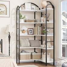 Estantería de Esquina Arqueada de 5 Niveles, Estante Industrial en Forma de L con Marco Metálico, Mueble Multiusos para Sala y Dormitorio - Blanco - Ver 5