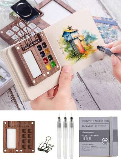 Set de 6 piezas de paleta de pintura de viaje mini, kit de acuarela portátil, caja de pintura de 8 pocillos, libreta de bocetos, tablero de dibujo y pinceles, adecuado para artistas y estudiantes, útiles escolares, regalos de Halloween y Navidad, ideal para amigos