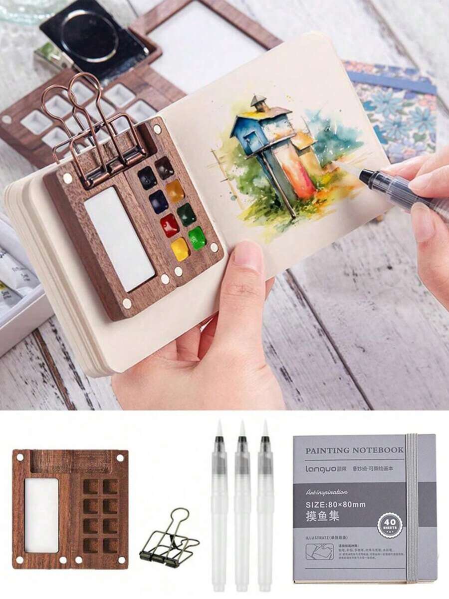 6件套迷你旅行绘画调色盘套装，便携式水彩套装，8格颜料盒，素描本，画板和画笔，适合艺术家和学生，返校季美术用品，万圣节和圣诞节礼物，送给朋友的理想之选