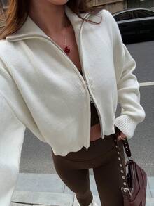 American Style Solid White Sexy Retro Double-Zipper Cardigan Sweater, Women White Sweater