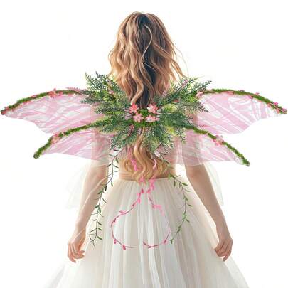 Alas de hada para adultos - Alas de mariposa para mujer, disfraz de la Madre Naturaleza, alas de hada del bosque decoradas con flores rosas, hojas y enredaderas, adecuadas para el Renacimiento, ferias del Renacimiento, disfraces de hadas de fantasía y juegos de roles, disfraz del Día de San Valentín
