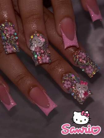  24 PIEZAS Uñas postizas cuadradas medianas de color rosa francés con diamantes de Hello Kitty, arte de uñas con flores rosas de Sanrio, uñas acrílicas con aleación de cromo linda, adecuadas para uso diario, citas y fiestas de mujeres (incluye: 1 pieza de gel de gelatina y lima)