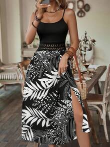 Ladies' Plant Printed Backless Waist Hollow Slit To Thigh Camisole Dress (Random Pattern) - Black and White - View 3
